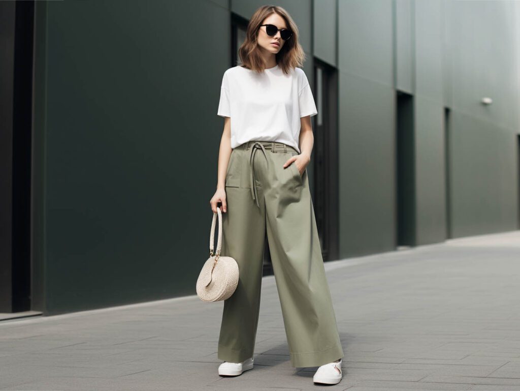 The image showcases a stylish outfit that exemplifies the use of tailored bottoms with an oversized t-shirt.