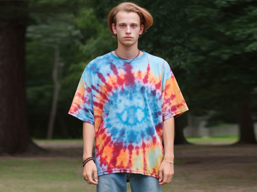 The image showcases a tie-dye oversized t-shirt with a vibrant and colorful design.