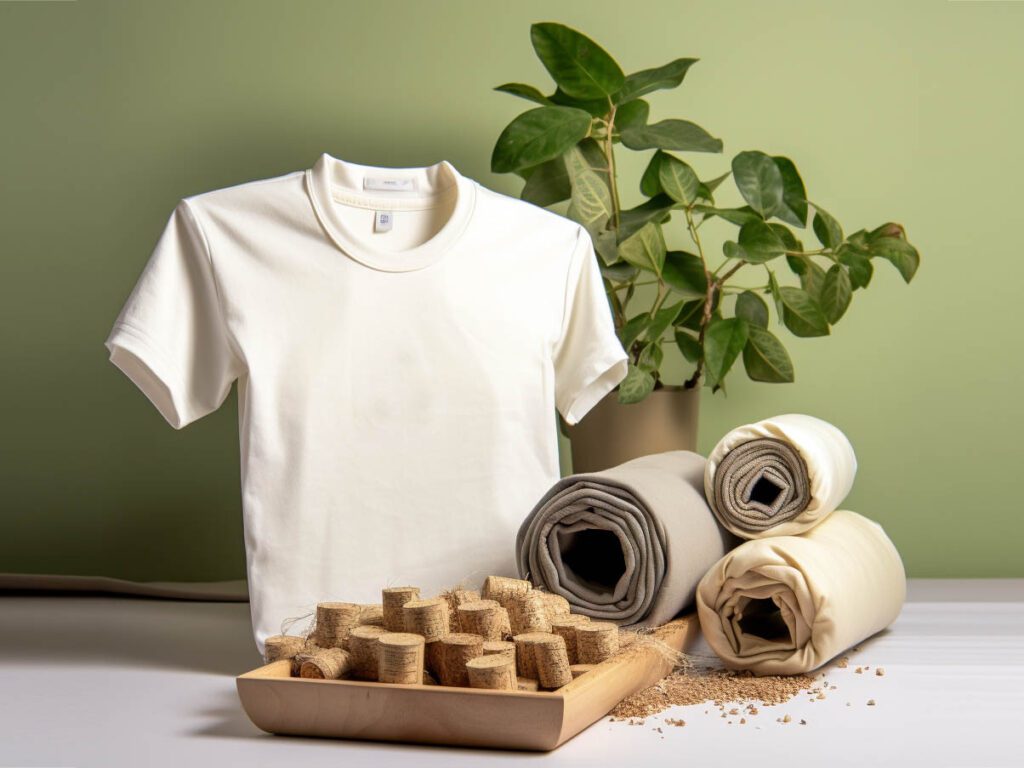 The image showcases sustainable materials used in T-shirt production. On the left side, there is an illustration of organic cotton, which is grown without the use of synthetic chemicals, promoting environmentally friendly and chemical-free cultivation.