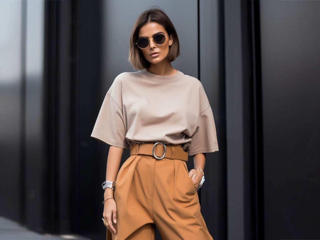 The image showcases the stylish use of a belt as an accessory to complement an oversized t-shirt outfit.