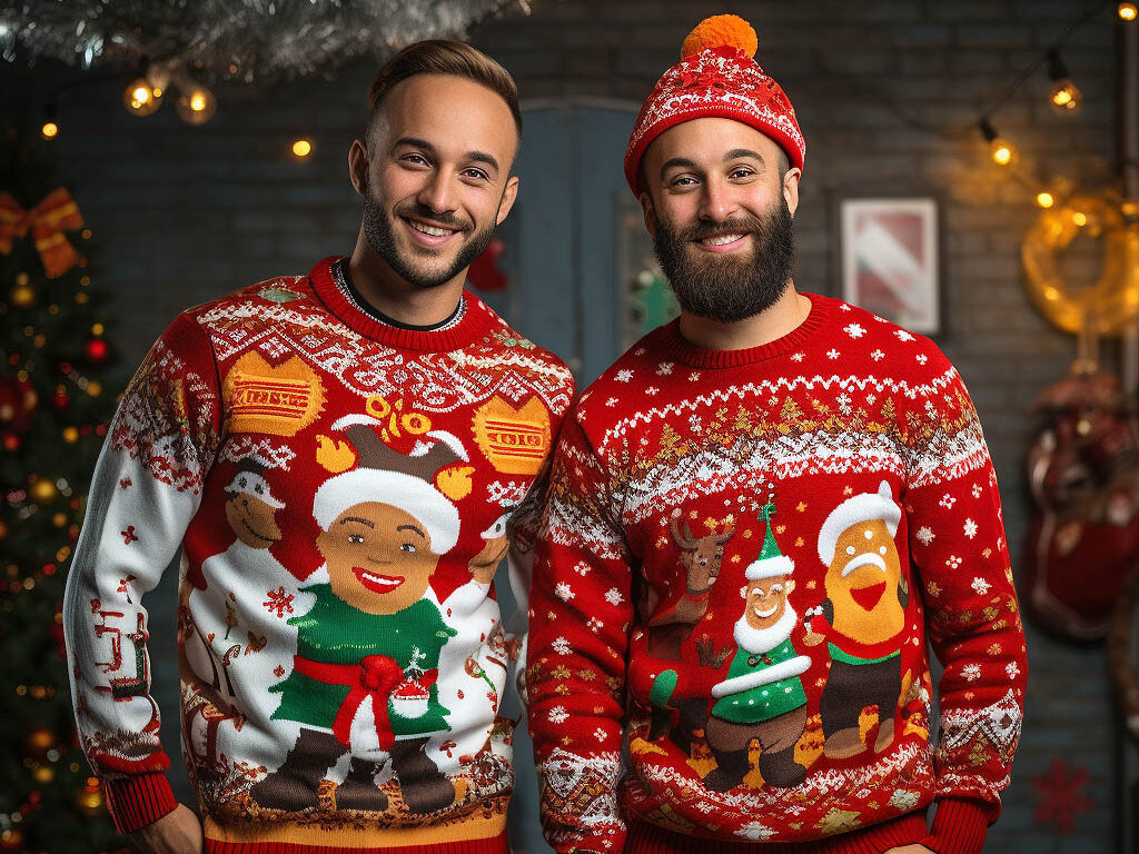 The image showcases the thematic creativity involved in designing Ugly Christmas Sweatshirts.