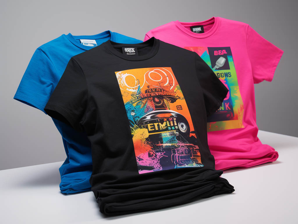 The image showcases three popular T-shirt printing methods: Screen Printing, Direct-to-Garment (DTG) Printing, and Dye-Sublimation Printing.