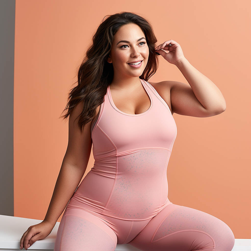 The image showcases various MODAKNITS plus-size activewear pieces, highlighting their design philosophy that prioritizes fit, coverage, and fashion-forward elements.