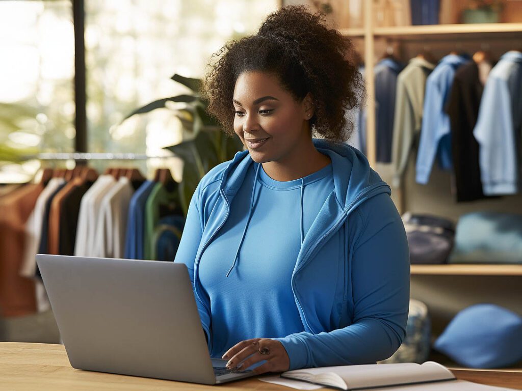 The image that complements this text illustrates a plus-size athlete confidently browsing through a vibrant and diverse online activewear store. 