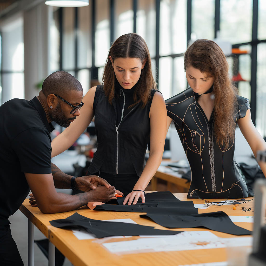 The scene is set in a bright, modern design studio where a team of diverse designers is focused on creating ergonomic activewear.