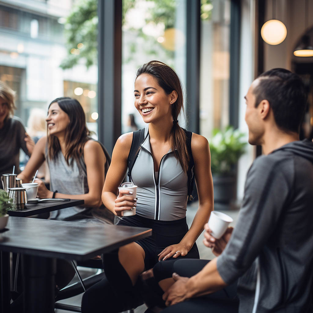 The setting is a chic urban cafe, where a group of stylish individuals are socializing, all adorned in Modaknits activewear that showcases aesthetic appeal.