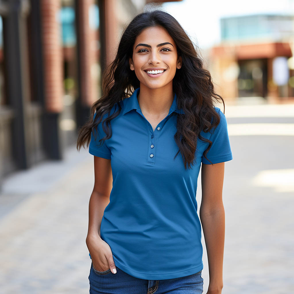 This image highlights the occasion versatility of women's polo shirts. It illustrates various outfit combinations featuring polo shirts: Casual look: A woman is shown wearing a polo shirt paired with jeans, creating a relaxed and comfortable ensemble for everyday wear.