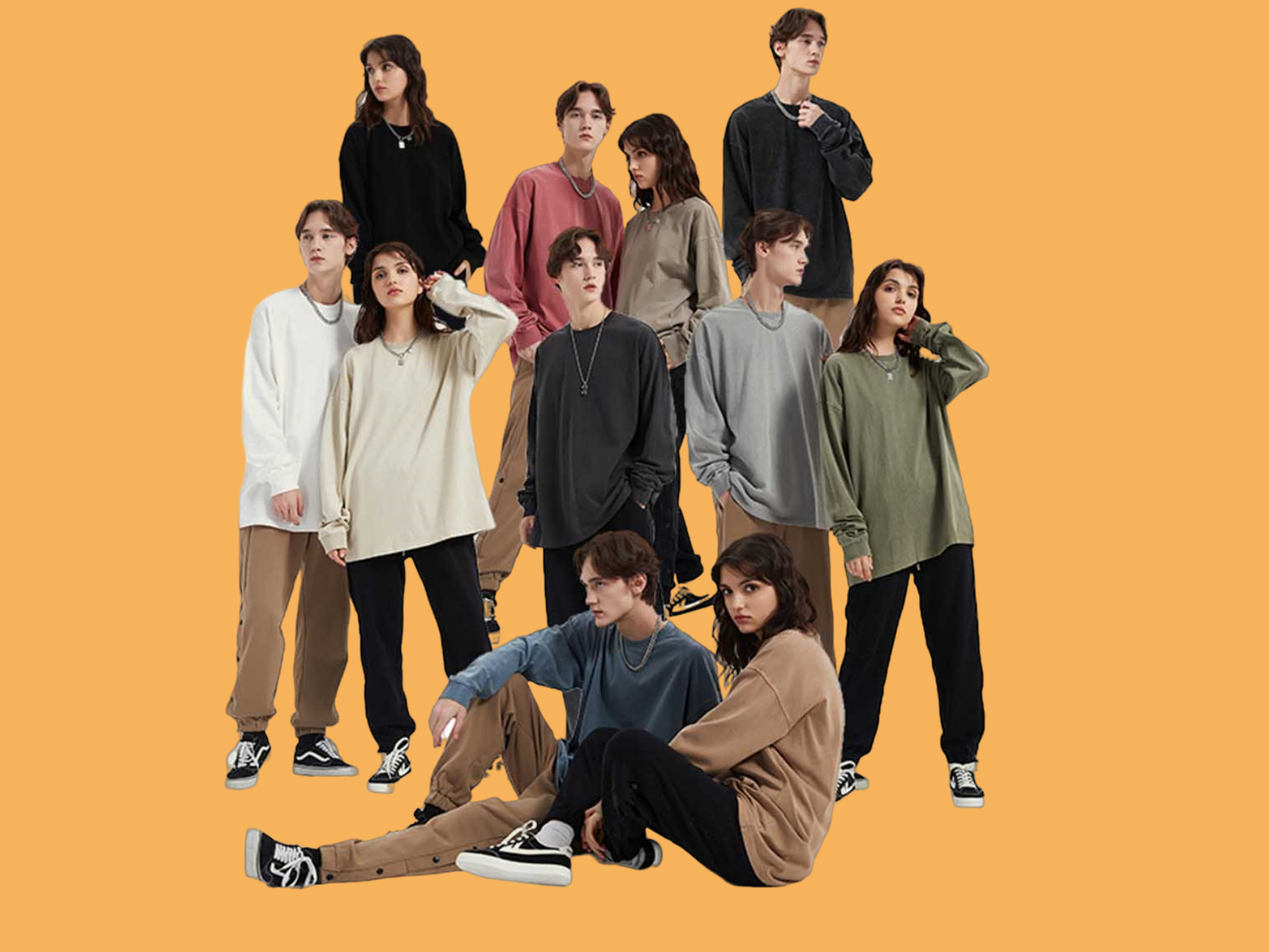 A group of young and energetic young men and women wearing fashionable sweatshirts are showing their youthful vitality
