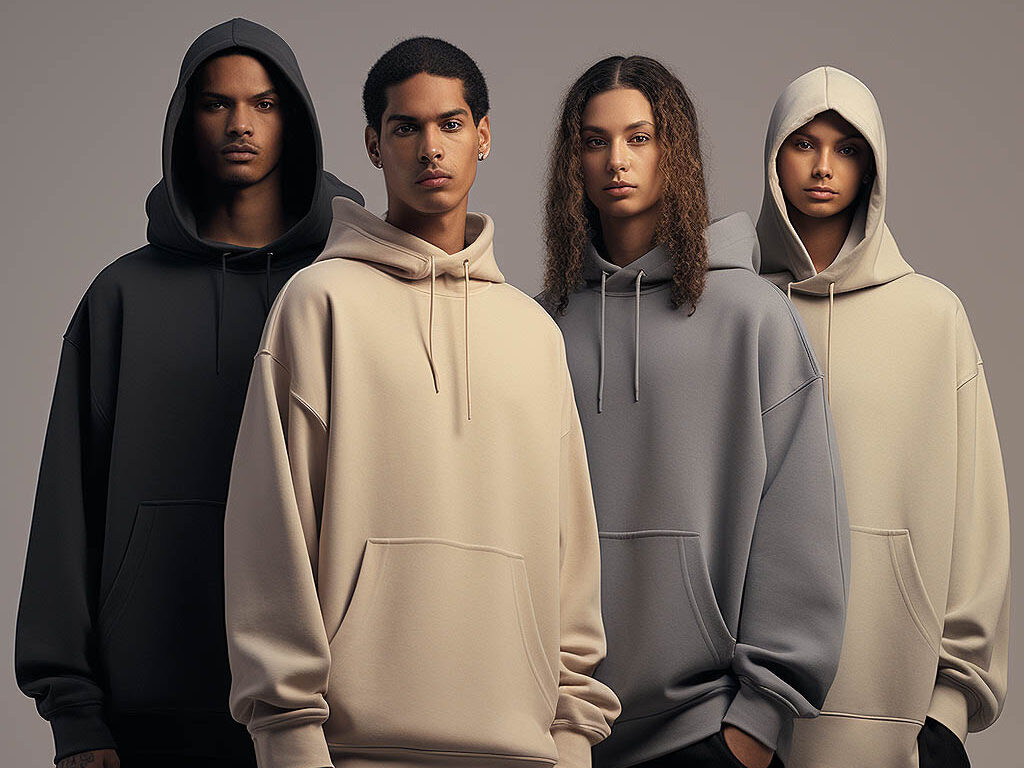 A collection of oversized hoodies is displayed, highlighting their functional features.