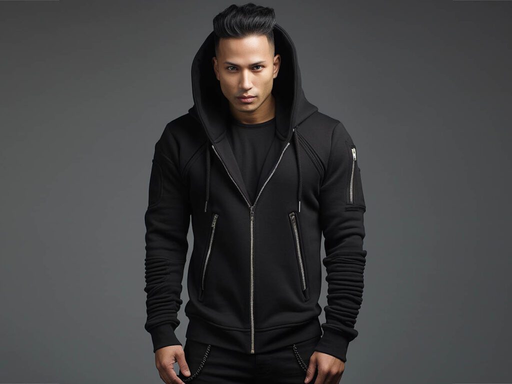 A man in a side zipper hoodie The Side Zip Hoodie stands out with its unique zipper placement, giving a modern twist to the classic hoodie. 