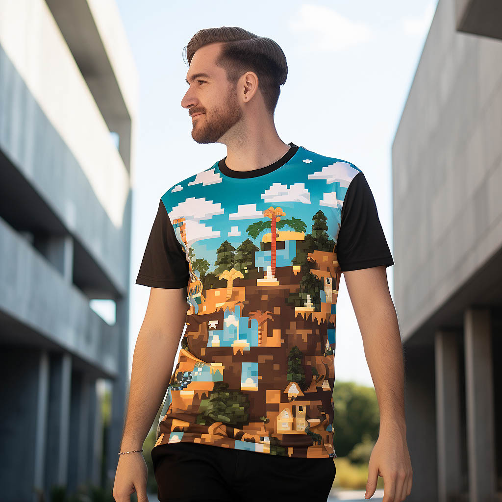 A man is wearing a roblox game print t-shirt made from Cotton-Polyester Blend fabric fabric.