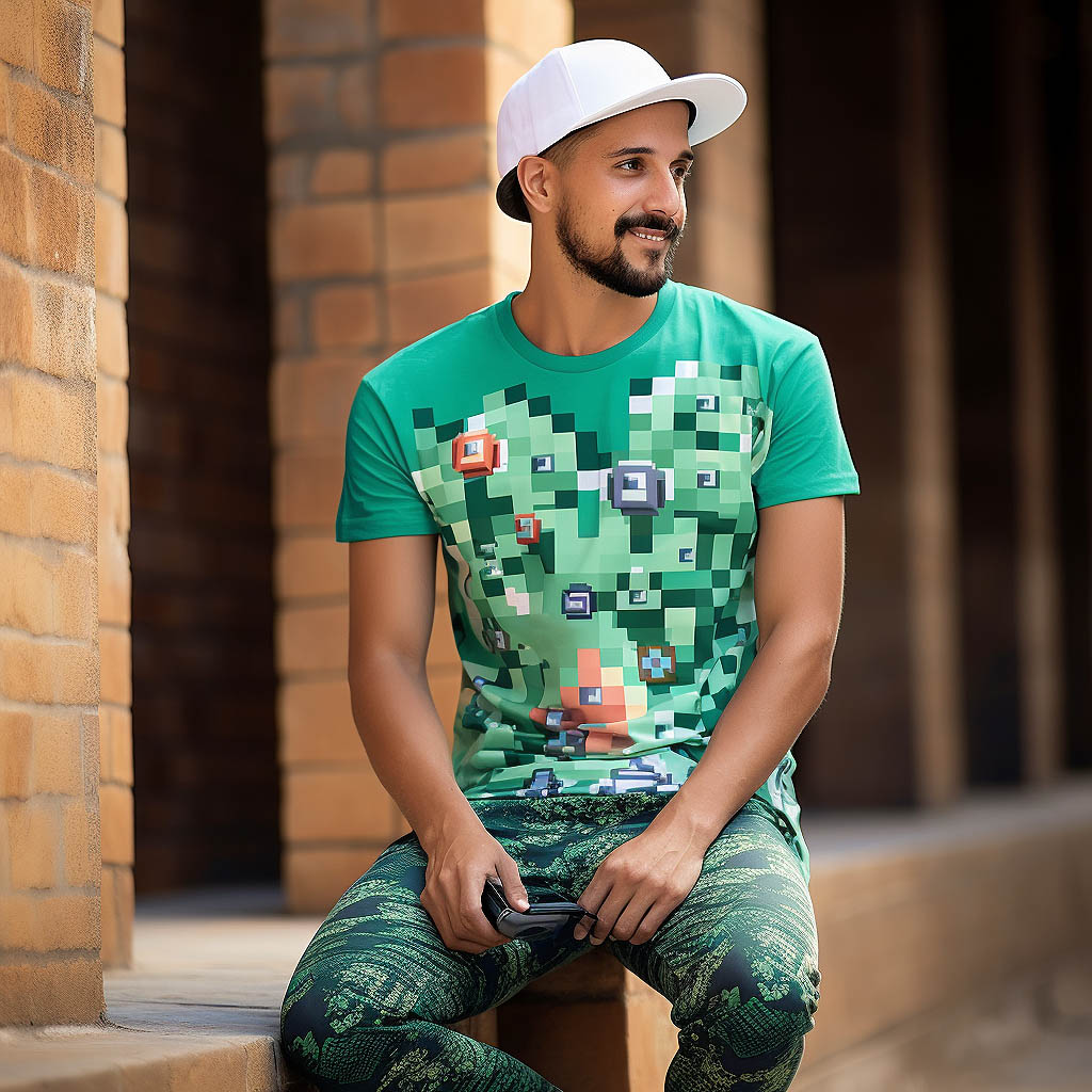 A man is wearing a roblox game print t-shirt made from Cotton fabric fabric.
