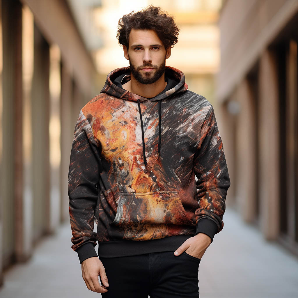 A man wearing Polyester Fabric Men's hooded sweatshirt made of fabric