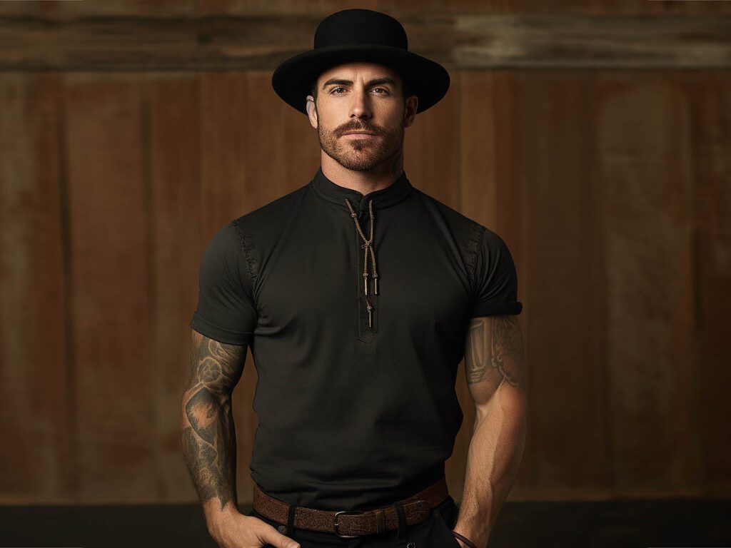 A man wearing a Western collar T-shirt