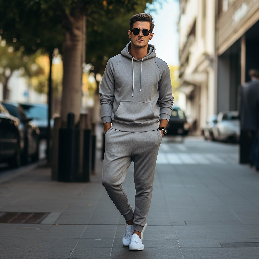 A man wearing a classic, traditional sweatshirt and pants style sweatsuit