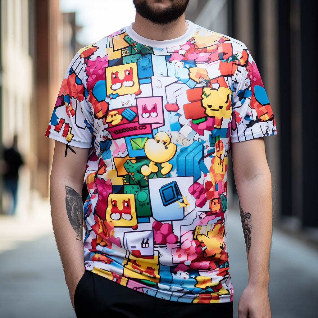 A man wearing a printed t-shirt of the roblox game made of Rayon fabric fabrics