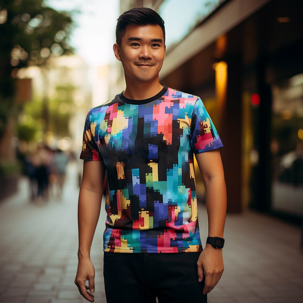 A man wearing a roblox printed t-shirt made of bamboo fiber fabric.