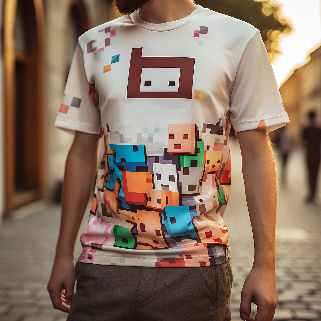 A man wearing a roblox t-shirt made of polyester fabric.