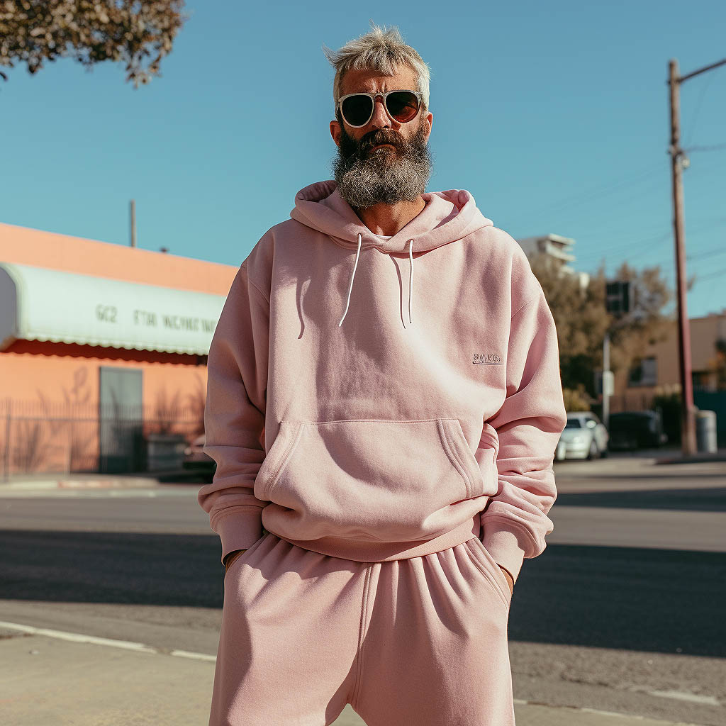 A man wearing a sweatsuit made of Cotton fabric.