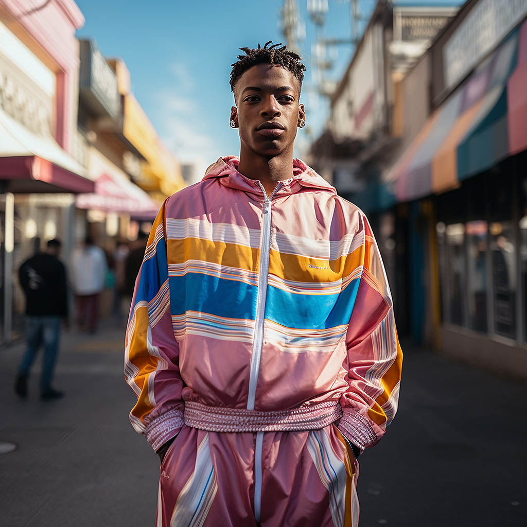 A man wearing a sweatsuit made of Polyester fabric.