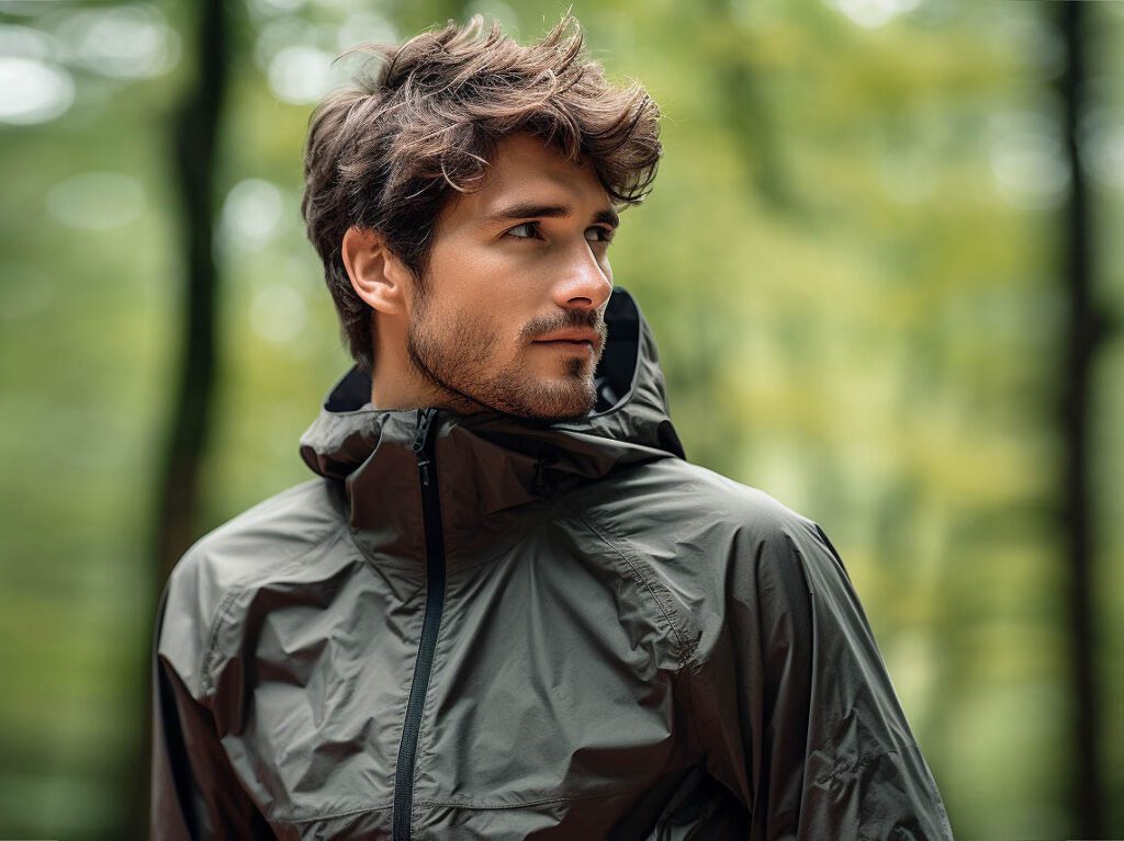 A man wearing a windbreaker hoodie Designed for outdoor enthusiasts, Windbreaker hoodies are made from wind-resistant materials and are often lightweight and waterproof, making them ideal for outdoor activities.