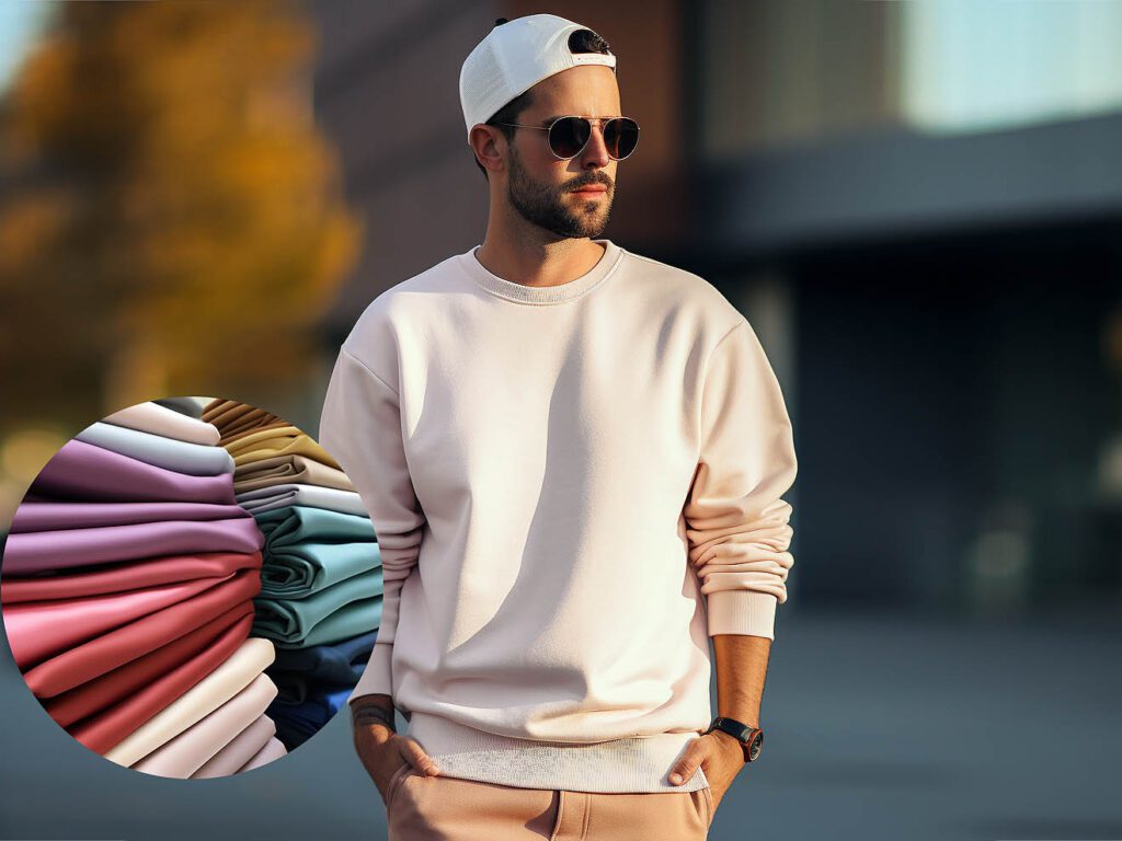 A man wears a sweatshirt made from Poly-Cotton Blend fabric solid color