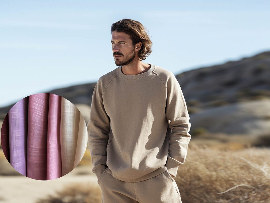 A man wears a sweatshirt made from Tussah Silk fabric solid color