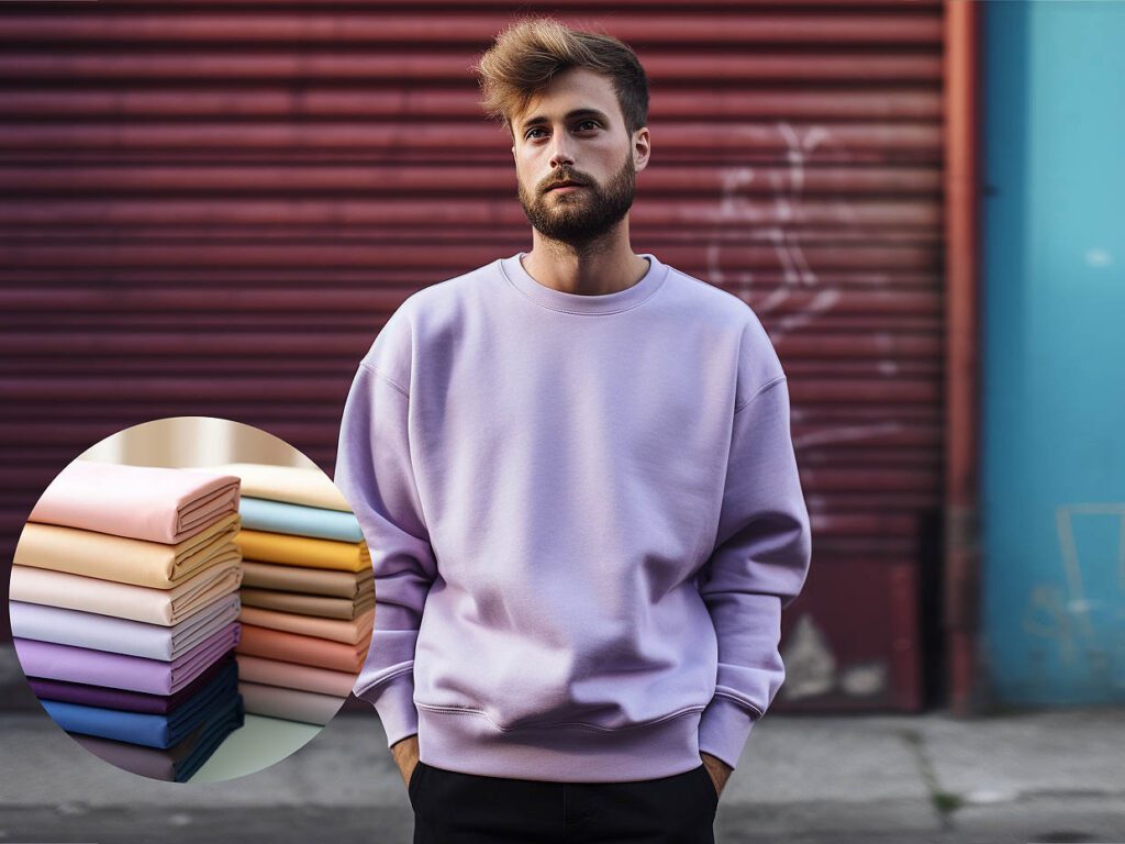 A man wears a sweatshirt made of Brushed Cotton fabric solid color