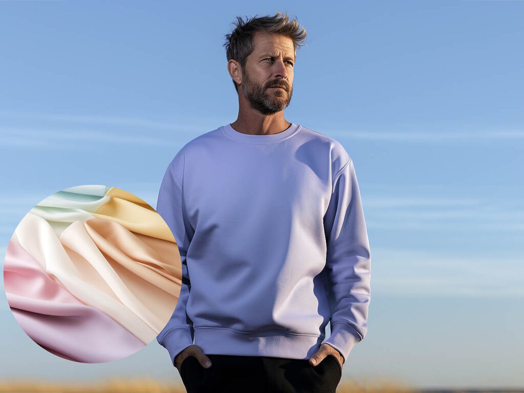 A man wears a sweatshirt made of Lightweight Nylon fabric solid color