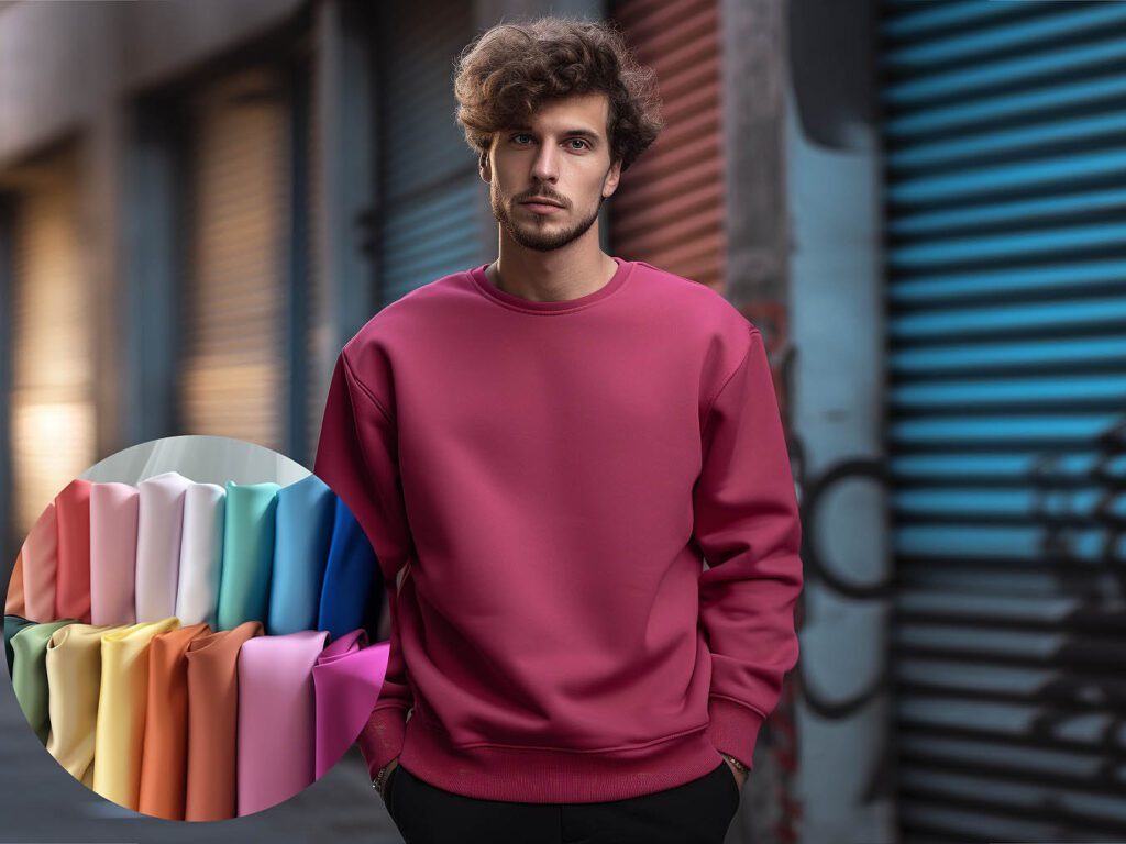 A man wears a sweatshirt made of Lycra/Elastane fabric solid color
