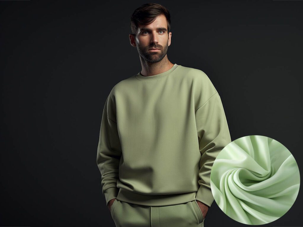 A man wears a sweatshirt made of Polyester Fiber fabric solid color
