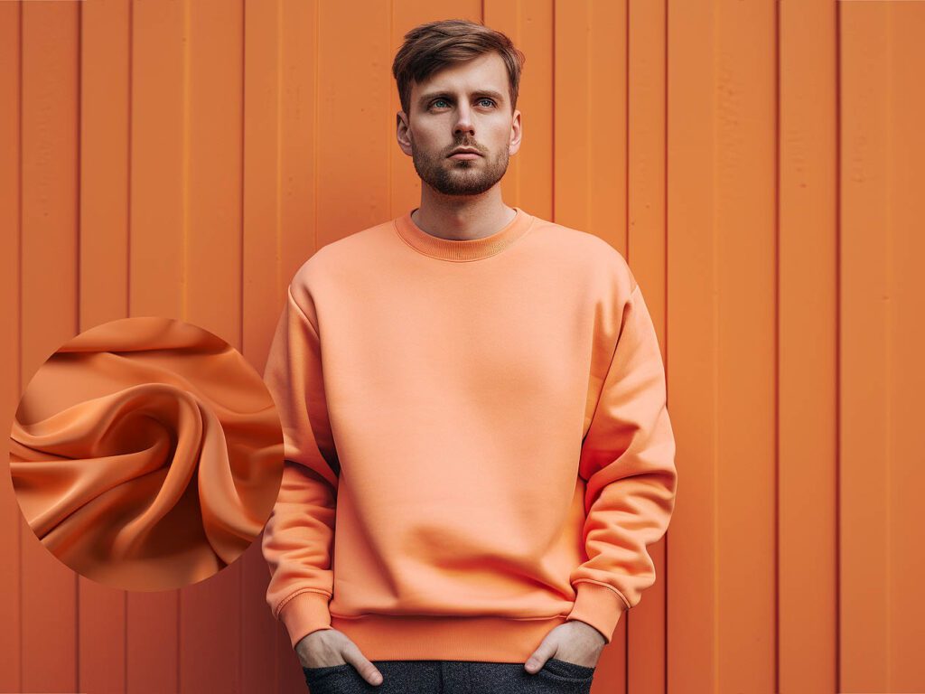 A man wears a sweatshirt made of Polyester fabric solid color