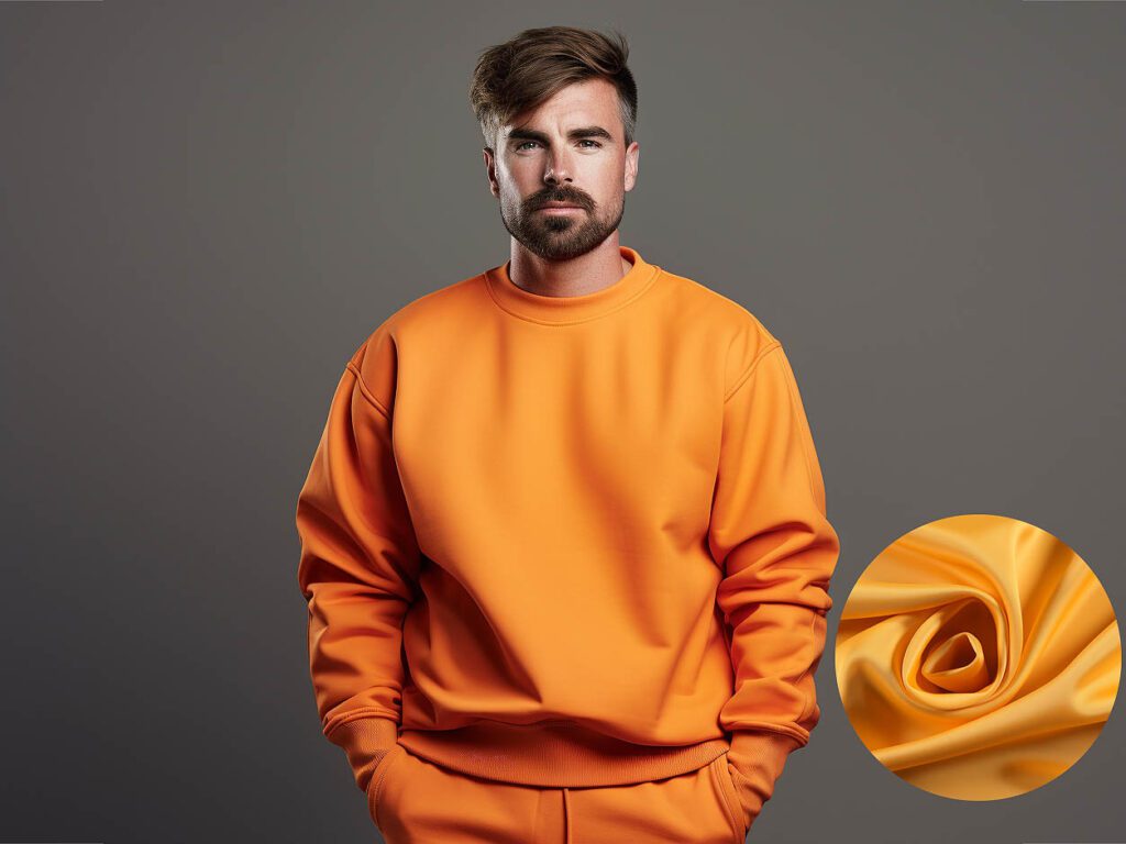 A man wears a sweatshirt made of Polyester Fiber fabric solid color