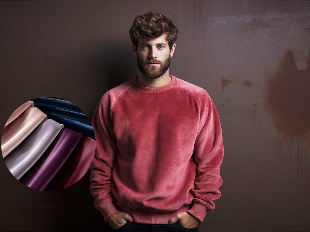 A man wears a sweatshirt made of Velvet fabric solid color
