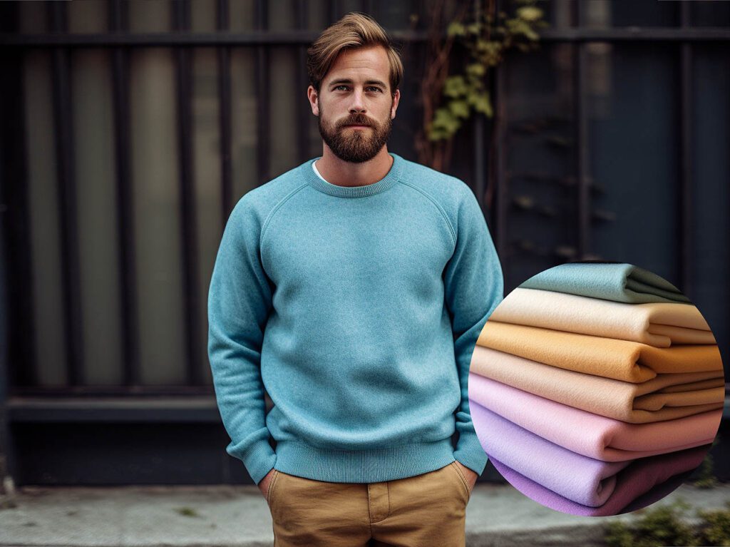 A man wears a sweatshirt made of Wool fabric solid color