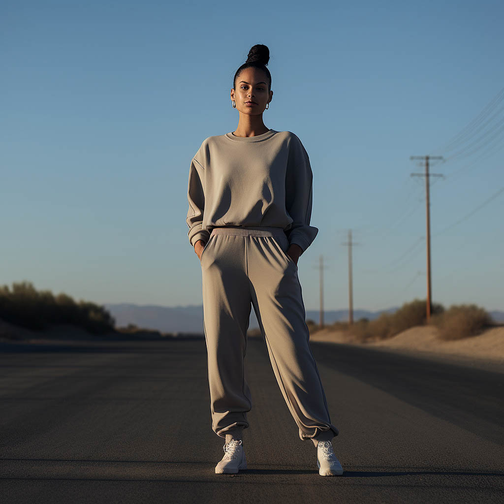 A person wearing a well-fitting, stylish sweatsuit.