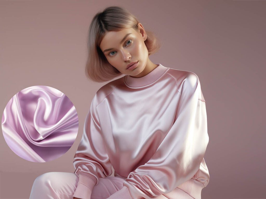 A person wears a sweatshirt made of Pearlescent silk (Satin) fabric solid color