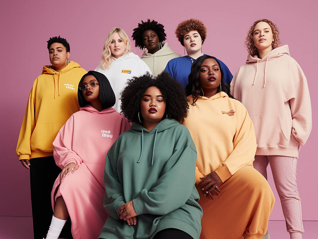 A representation of size inclusivity in oversized hoodies showcases a diverse group of individuals of various body types proudly wearing these fashion staples.