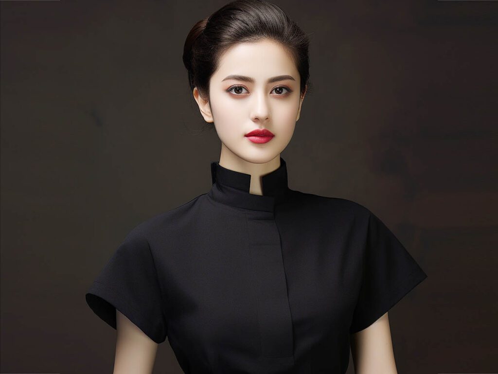 A woman wearing a Chinese collar T-shirt Chinese collar T-shirts are inspired by traditional Chinese clothing.