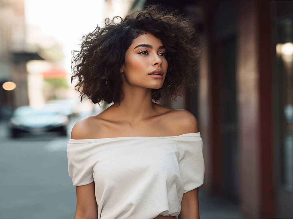 A woman wearing an Off-the-Shoulder Neck T-shirt