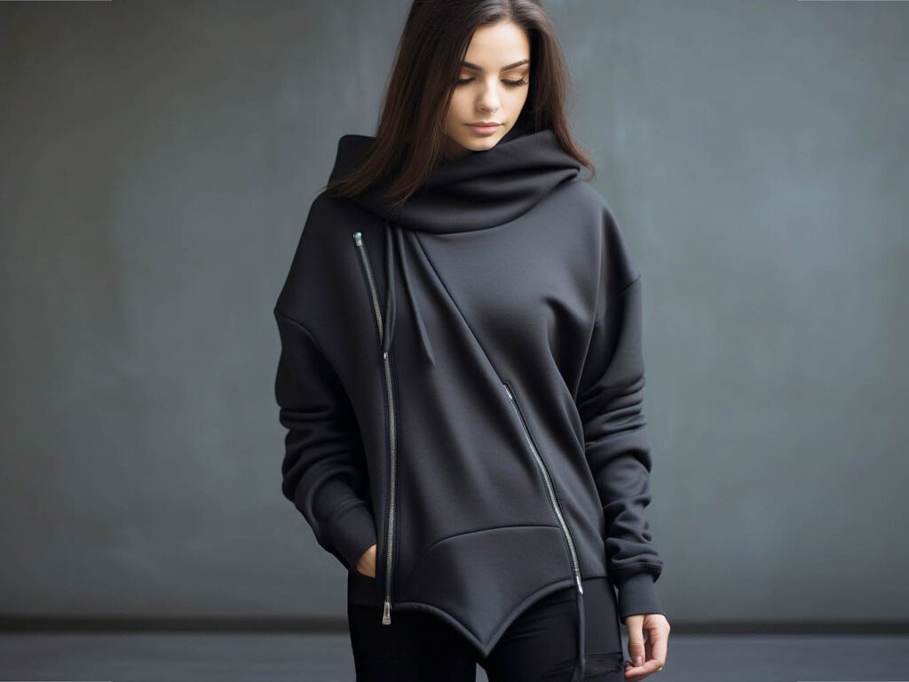A woman wearing an asymmetrical zipper hoodie This hoodie features an off-center zipper design that adds a modern touch.