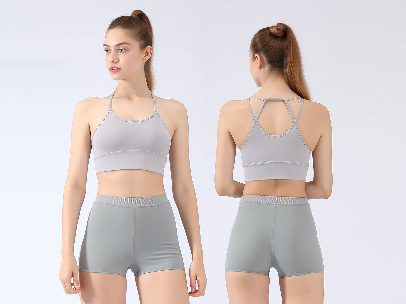 A woman wearing shorts and yoga bra set yoga clothes set solid color