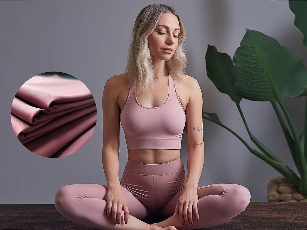 A woman wearing yoga sportswear made of Antimicrobial fiber fabric solid color