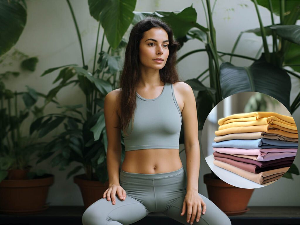 A woman wearing yoga sportswear made of Organic Cotton fabric solid color