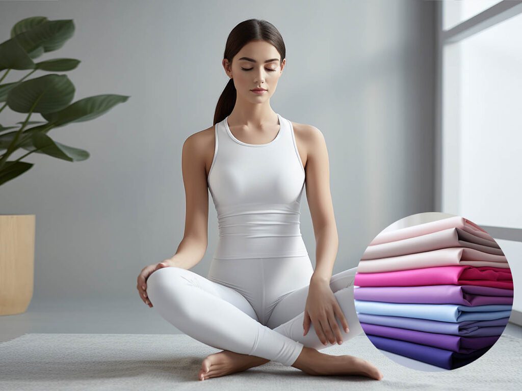 A woman wearing yoga sportswear made of cotton fabric solid color