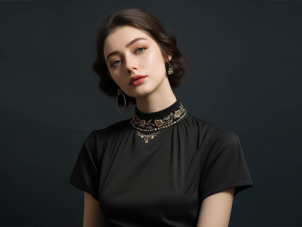 A woman wears an Embroidery collar T-shirt