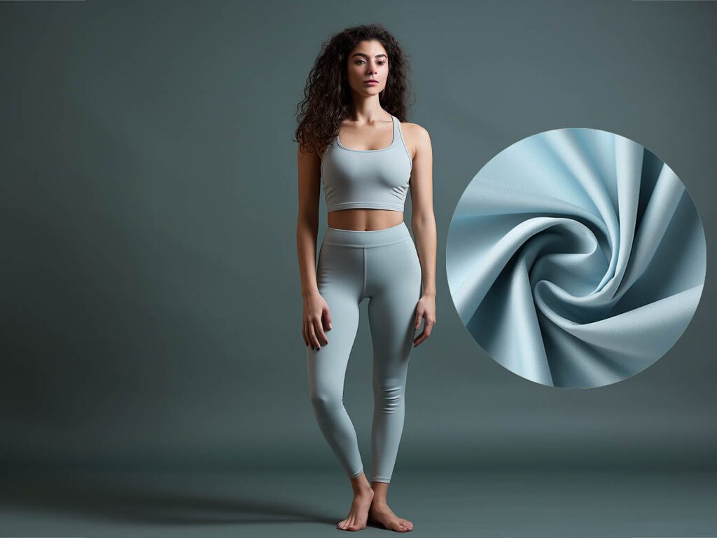 A woman wears yoga activewear made from Apple Fiber fabric, solid color