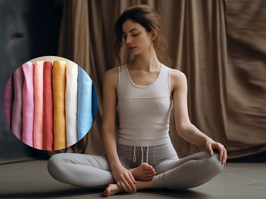 A woman wears yoga activewear made from Ramie Fabric fabric, solid color