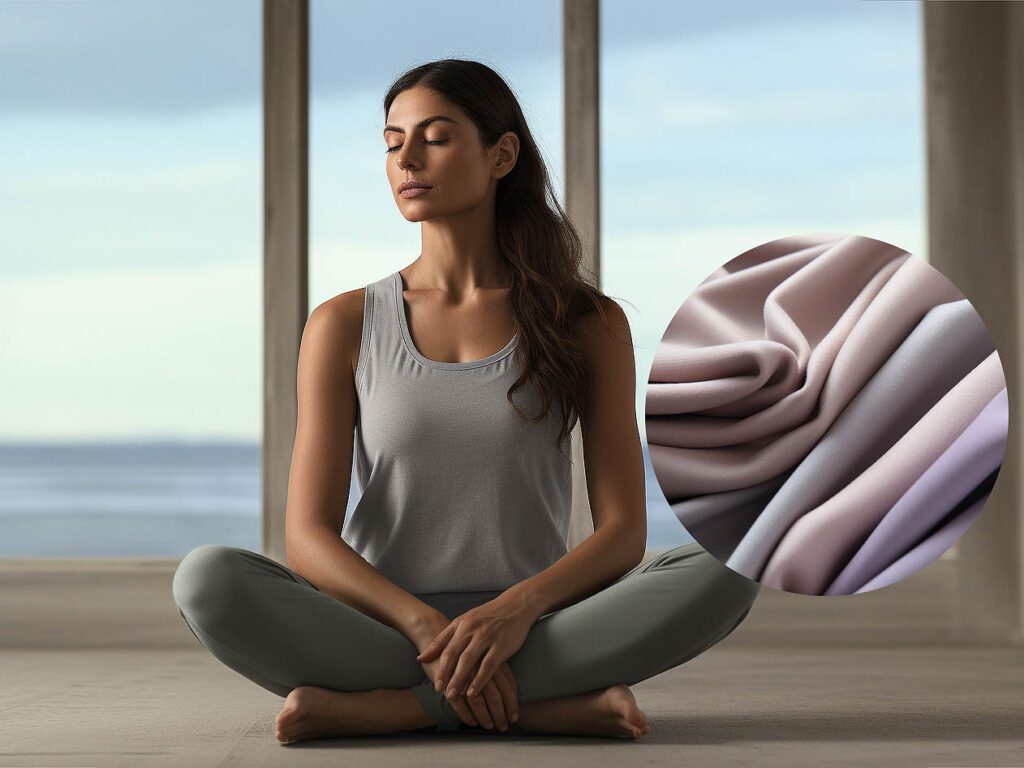 A woman wears yoga activewear made of Cashmere fabric, solid color