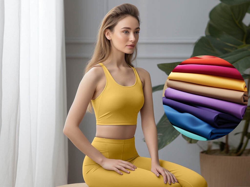 A woman wears yoga activewear made of Gabardine fabric solid color